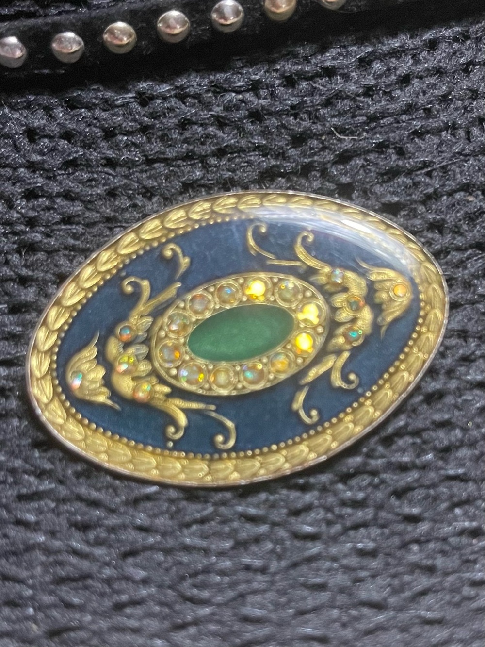 Catherine Popesco Gold-Tone Blue & Gold Oval Brooch with Aurora Accents